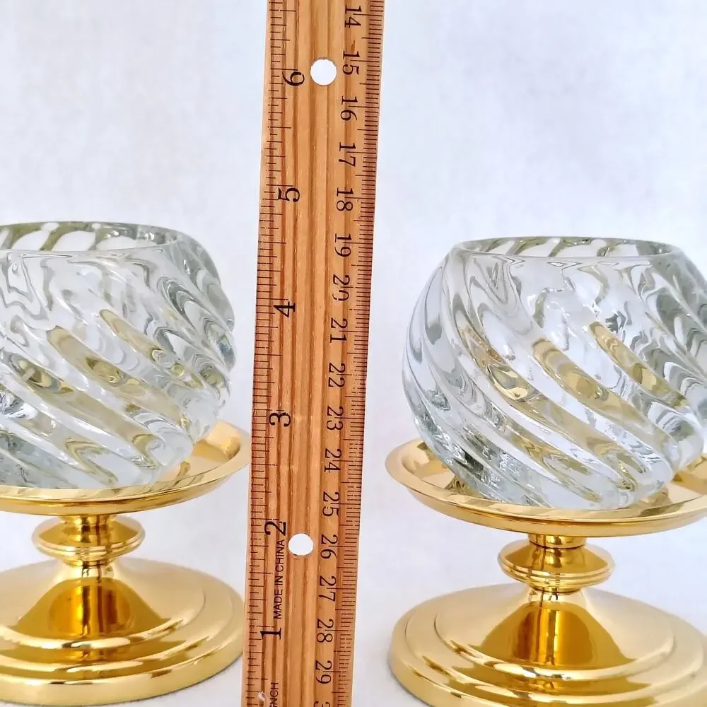 Partylite Swirl Glass Candle Holder Brass Pedestal Votive Tea Light Pair Set of2